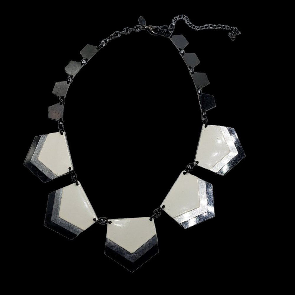 Express Silver Black and White Geometric Statement Necklace 16-21" adjust